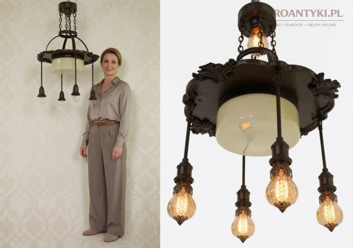 Masywna lampa sufitowa do salonu – plafoniera mosiężna z patyną
